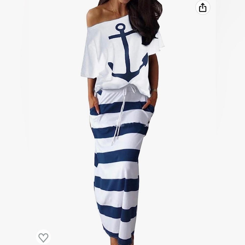 Sexyshine Oversized Short Sleeve Off Shoulder Anchor Printed Skirt/Top